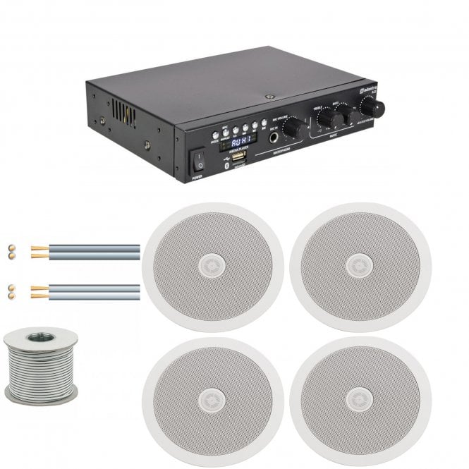 Adastra A22 Stereo PA Amplifier 55 watt background music system amp with 4 ceiling speakerand cable  Bundle