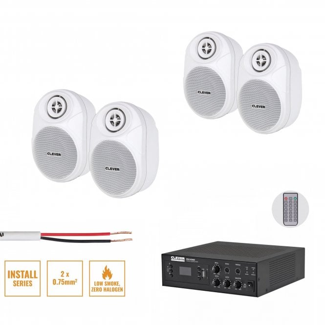 Clever Acoustics  Background Music System with 4 White speakers