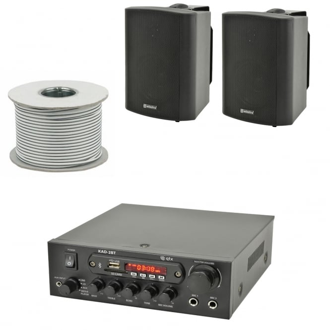 QTX KAD-2BT Outdoor PA System with Bluetooth® 2x Black Speakers & 100 Meter Cable Bundle