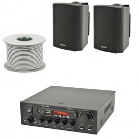 KAD-2BT Outdoor PA System with Bluetooth® 2x Black Speakers & 100 Meter Cable Bundle