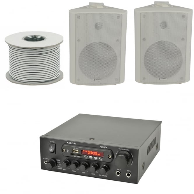 QTX KAD-2BT Outdoor PA System with Bluetooth® 2x White Speakers & 100 Meter Cable Bundle