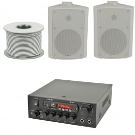 KAD-2BT Outdoor PA System with Bluetooth® 2x White Speakers & 100 Meter Cable Bundle