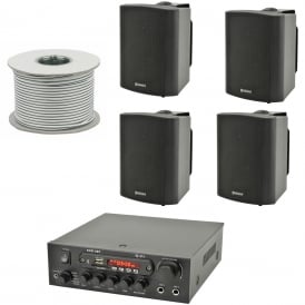 KAD-2BT Outdoor PA System with Bluetooth® 4x Black Speakers & 100 Meter Cable Bundle