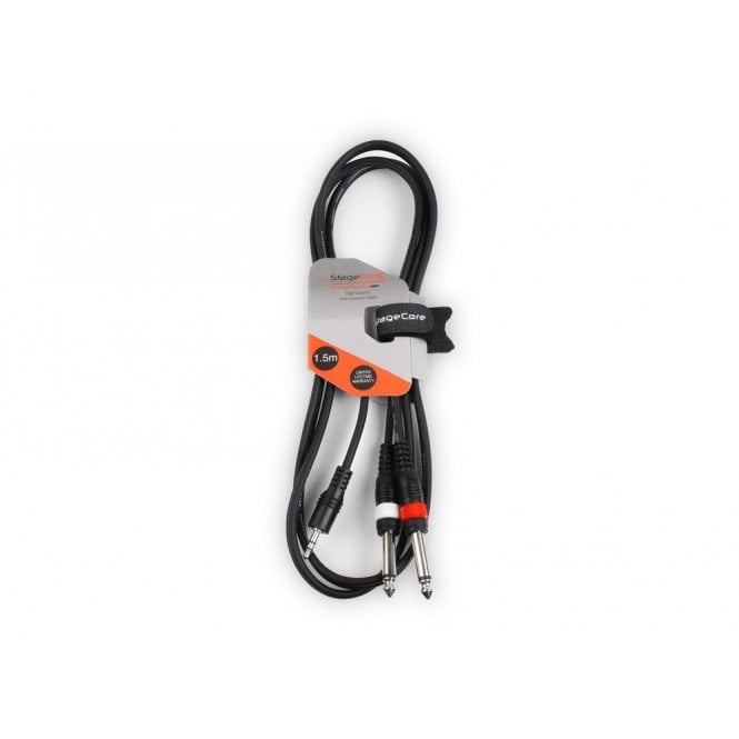 STAGECORE 1 x 3.5mm Stereo Moulded Jack Plug - 2 x 6.3mm Jack Plugs 1.5m
