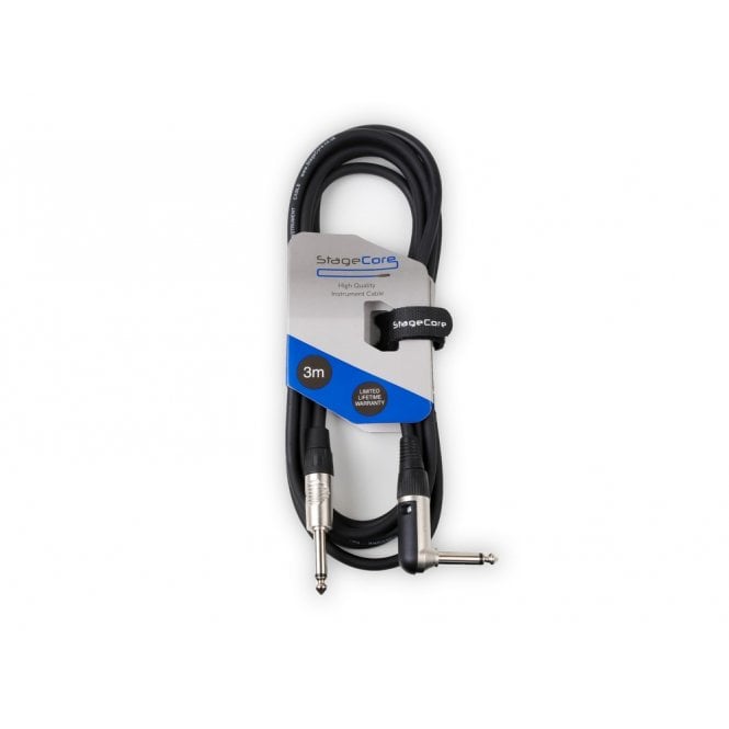 STAGECORE 3m 6.35mm Mono Jack Plug - 6.35mm Right Angled Mono Jack Plug Instrument Cable - Overall Cable Diameter 6.5mm 